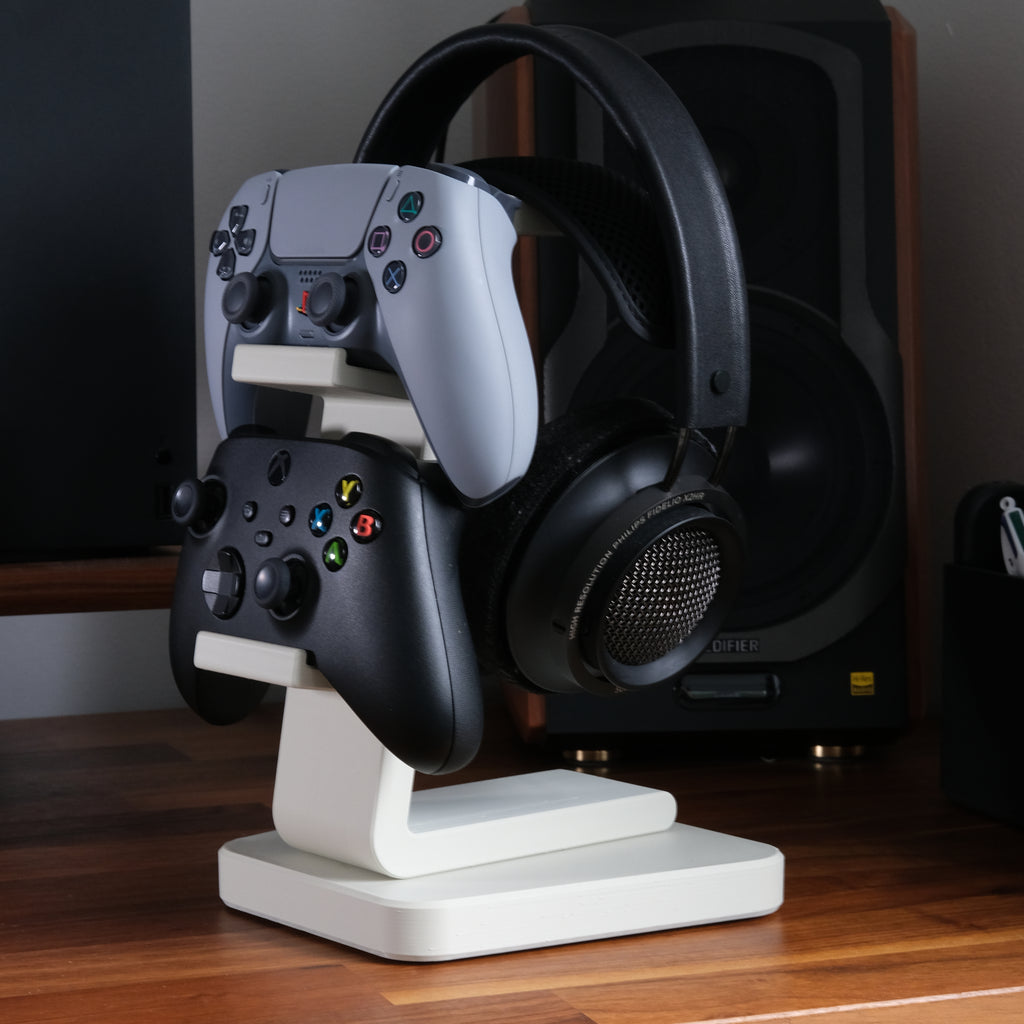 All-in-One Headset and Controller Gaming Stand with headsets and controllers organized neatly.