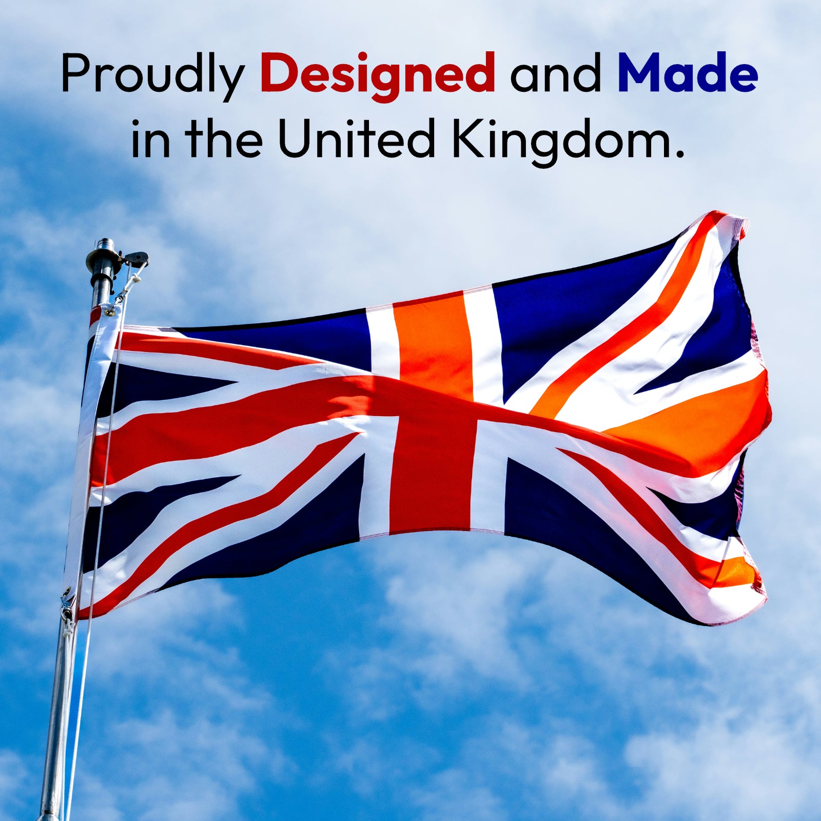 Proudly displaying the Union Jack flag, symbolizing products designed and made in the United Kingdom.