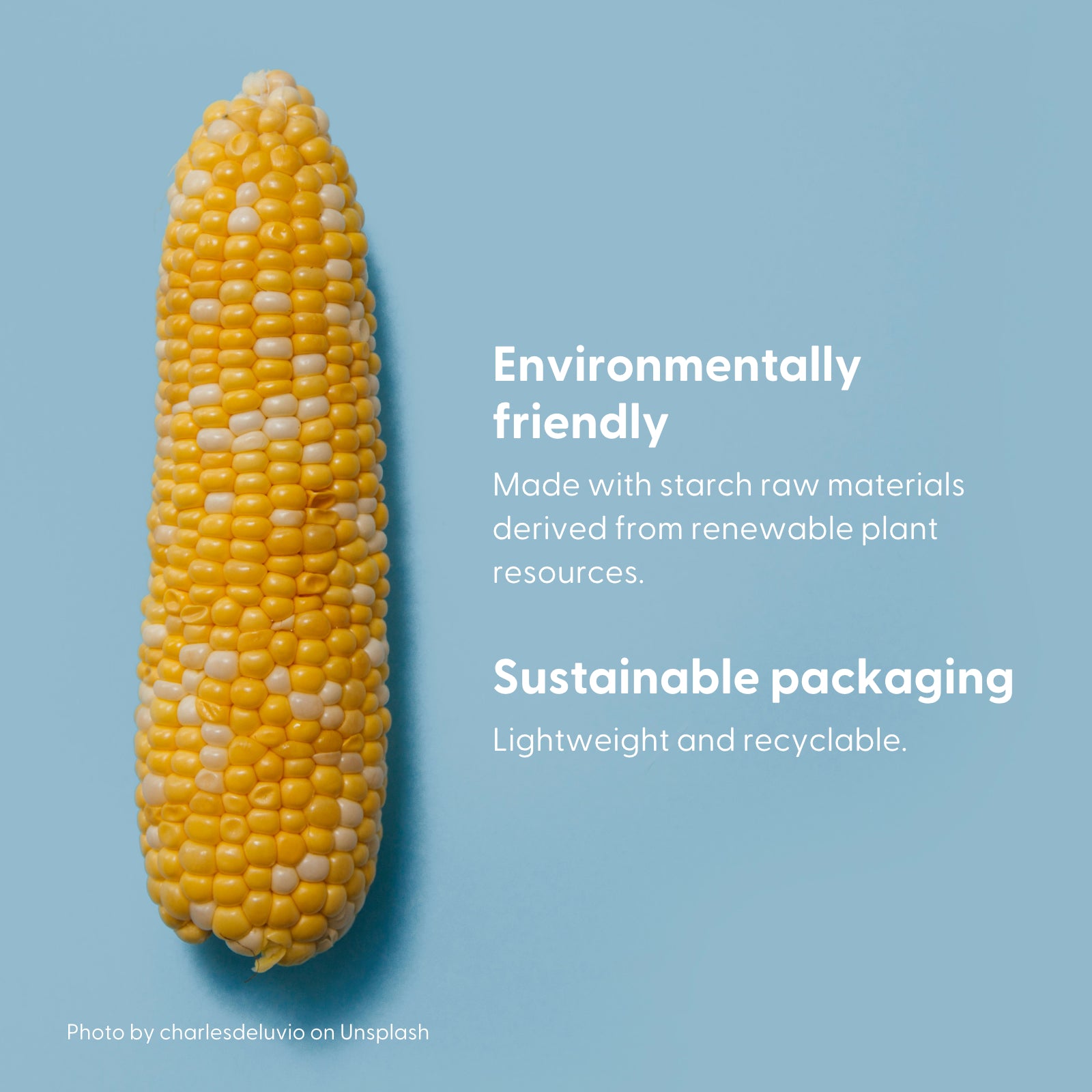 Corn cob showcasing environmentally friendly and sustainable packaging features.